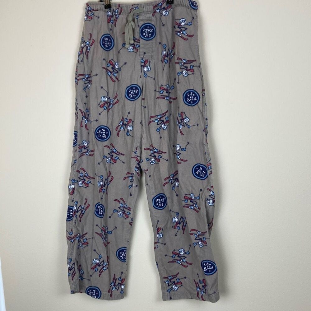 Life is Good Pajama Pants Mens Tan Jake Skiing Print Lounge Bottoms Pockets